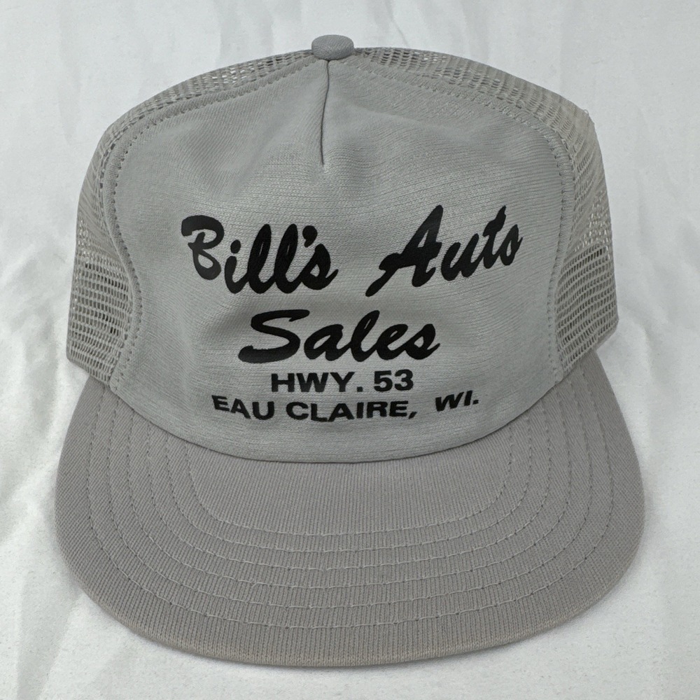 Vintage 80s Bill's Auto Sales Trucker Hat Eau Claire WI USA Gray Snapback